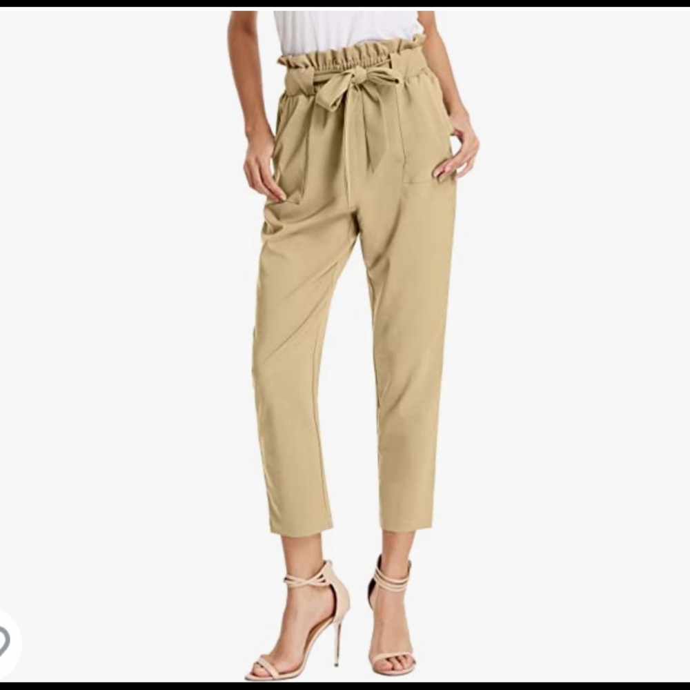 Small, khaki, paperbag waist ankle pants